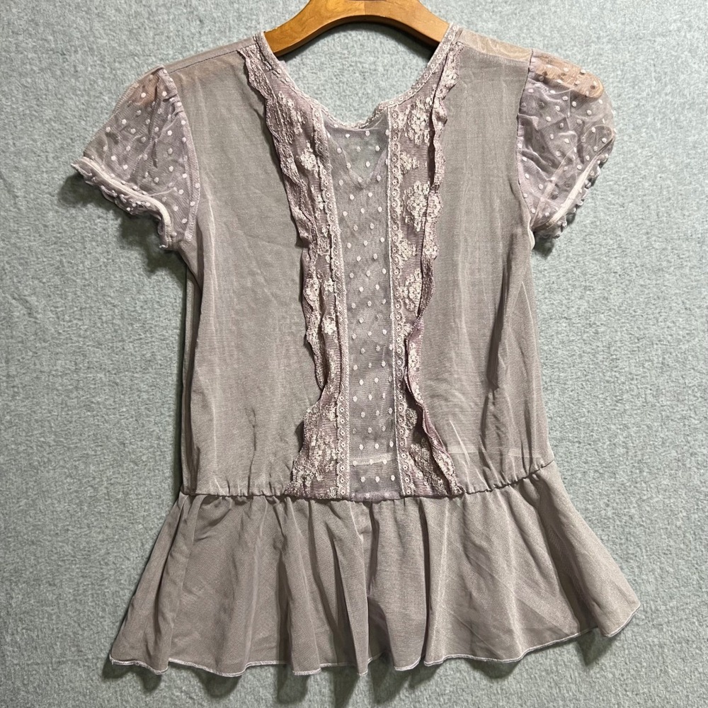 Whimsigoth Mauve Lace Peplum Top Short Sleeve Swiss Dot Mesh S coquette festival